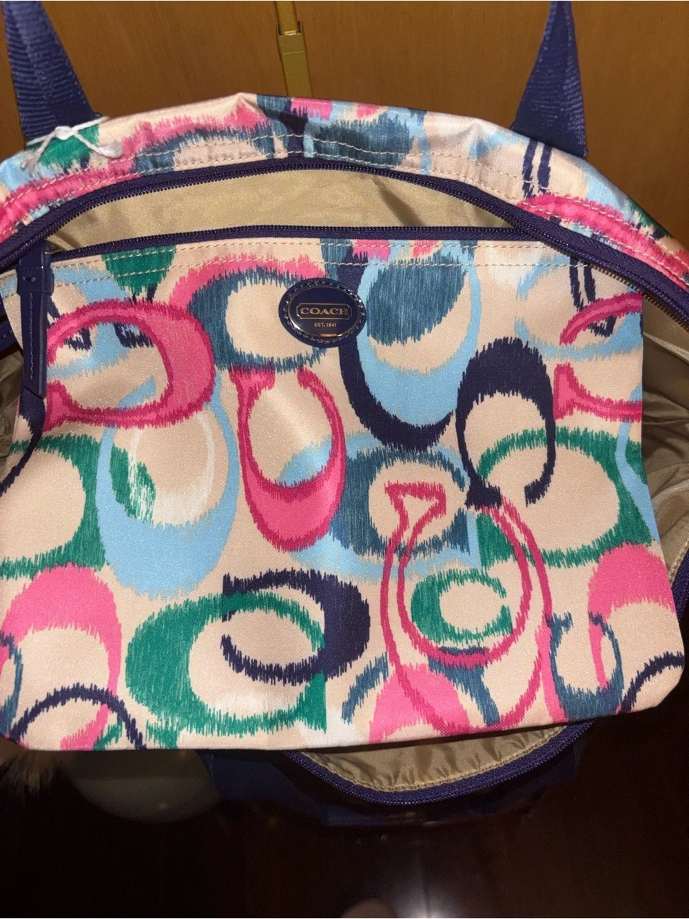 Coach Multicolor Signature Circle Print Tote with Navy Straps